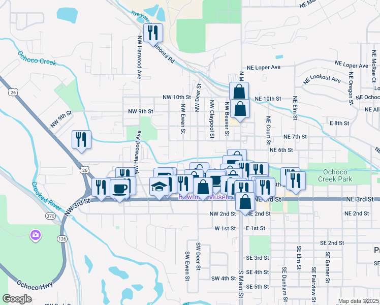 map of restaurants, bars, coffee shops, grocery stores, and more near 601 Northwest Deer Street in Prineville