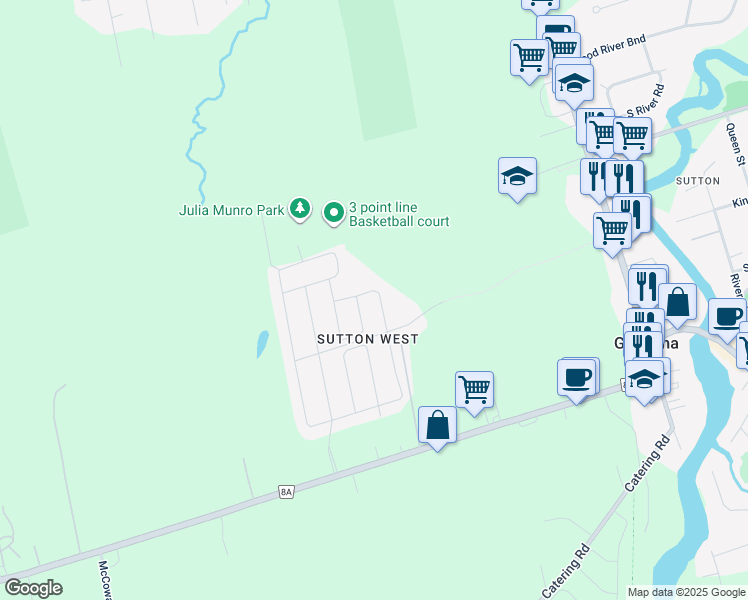 map of restaurants, bars, coffee shops, grocery stores, and more near 29 Bamburg Street in Georgina