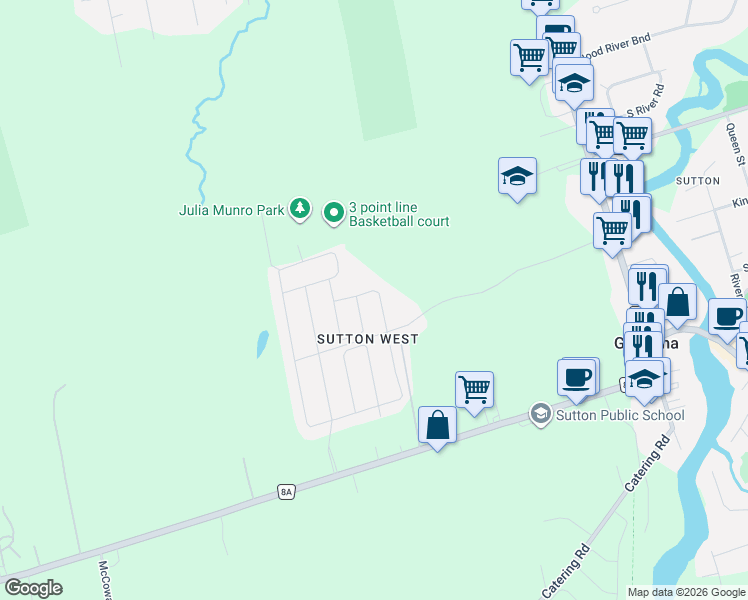 map of restaurants, bars, coffee shops, grocery stores, and more near 16 Fred Cooper Way in Georgina