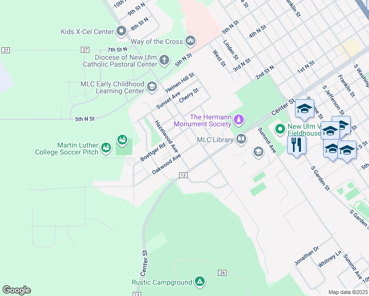 map of restaurants, bars, coffee shops, grocery stores, and more near 1526 Oakwood Avenue in New Ulm