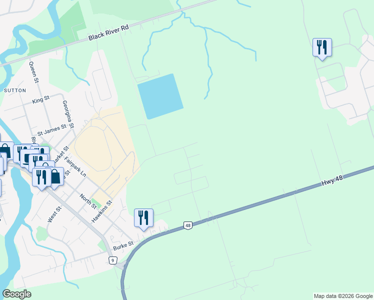 map of restaurants, bars, coffee shops, grocery stores, and more near 165 Hawkins Street in Georgina