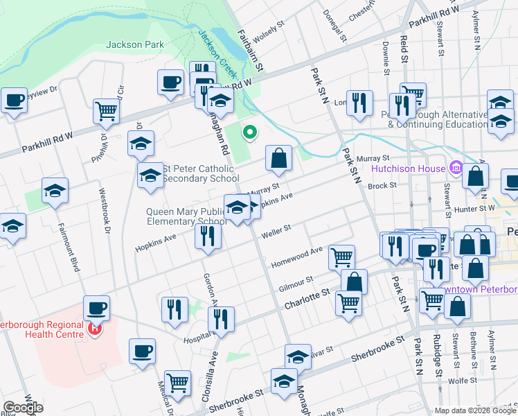 map of restaurants, bars, coffee shops, grocery stores, and more near 585 Hopkins Avenue in Peterborough