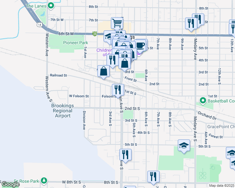 map of restaurants, bars, coffee shops, grocery stores, and more near 112 Main Avenue South in Brookings