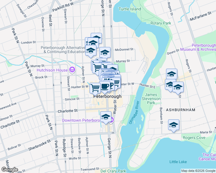 map of restaurants, bars, coffee shops, grocery stores, and more near 400 George Street North in Peterborough