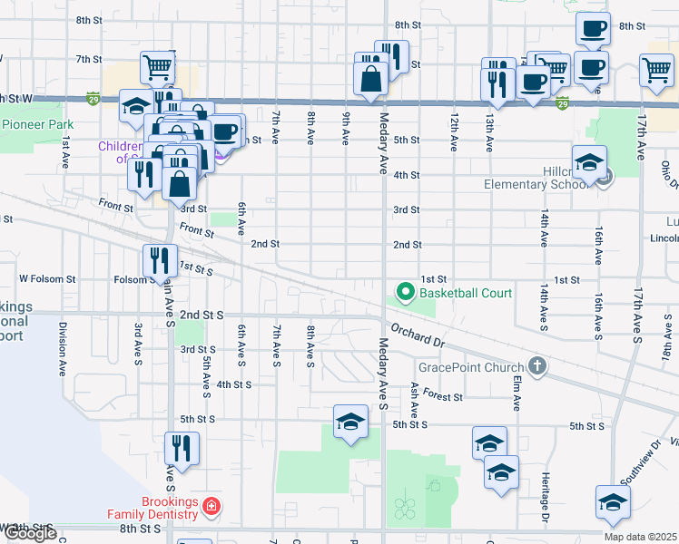 map of restaurants, bars, coffee shops, grocery stores, and more near 103 9th Avenue in Brookings