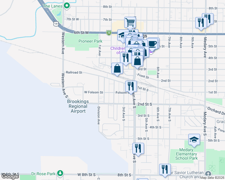 map of restaurants, bars, coffee shops, grocery stores, and more near 126 2nd Avenue South in Brookings