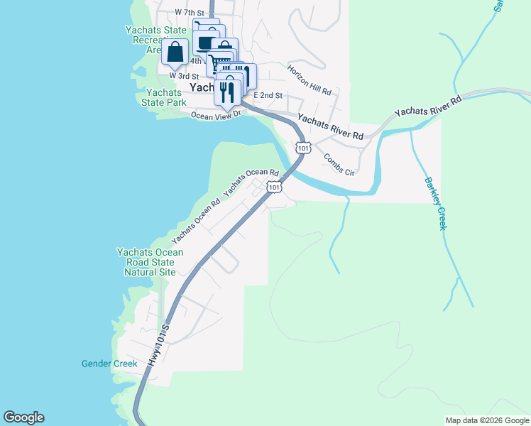 map of restaurants, bars, coffee shops, grocery stores, and more near 30 Cape Ranch Road in Yachats