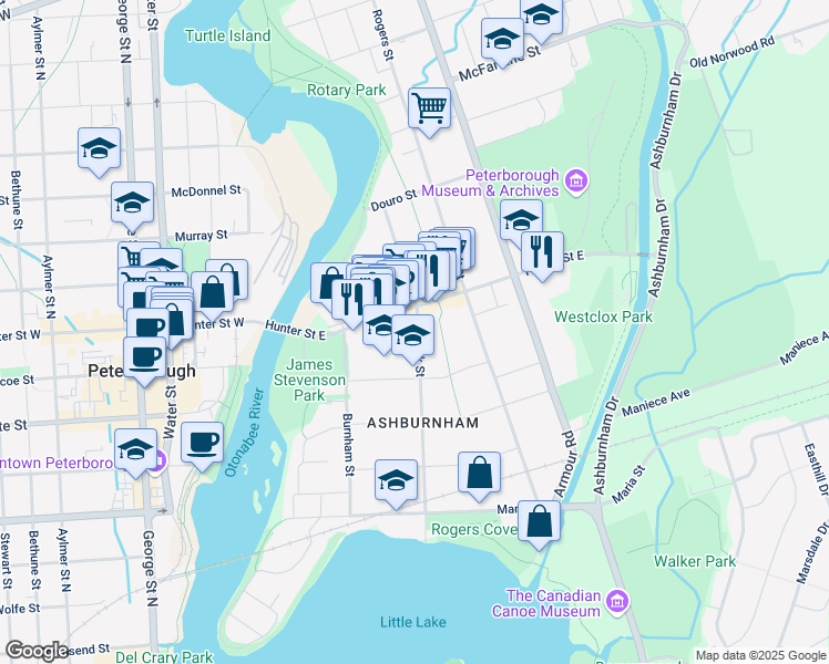 map of restaurants, bars, coffee shops, grocery stores, and more near in Peterborough