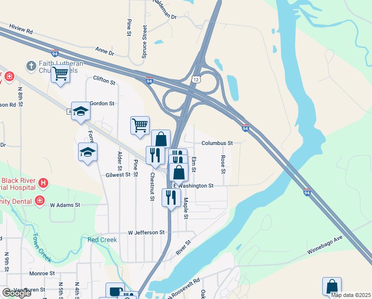 map of restaurants, bars, coffee shops, grocery stores, and more near 624 Elm Street in Black River Falls