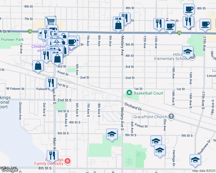map of restaurants, bars, coffee shops, grocery stores, and more near 103 9th Avenue in Brookings
