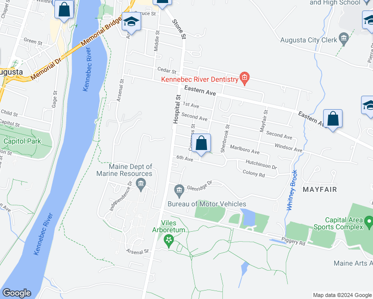 map of restaurants, bars, coffee shops, grocery stores, and more near 12 5th Avenue in Augusta