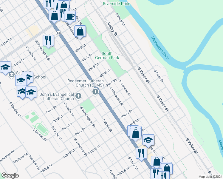 map of restaurants, bars, coffee shops, grocery stores, and more near 716 South Minnesota Street in New Ulm