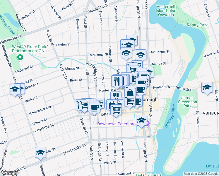 map of restaurants, bars, coffee shops, grocery stores, and more near 264 Hunter Street West in Peterborough