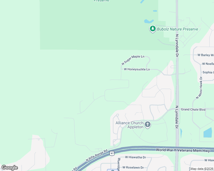 map of restaurants, bars, coffee shops, grocery stores, and more near 4289 North Bountiful Lane in Appleton