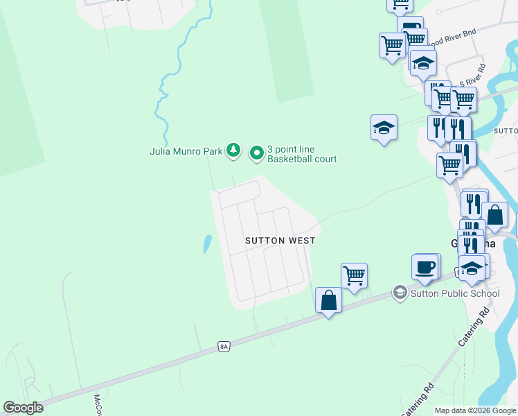 map of restaurants, bars, coffee shops, grocery stores, and more near 24 Fred Cooper Way in Georgina