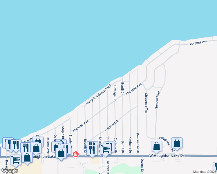 map of restaurants, bars, coffee shops, grocery stores, and more near Houghton Beach Trail in Houghton Lake