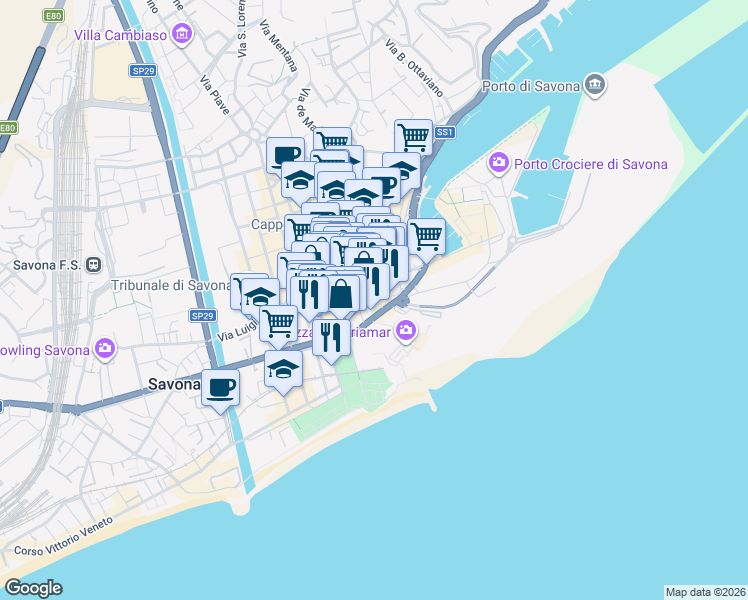 map of restaurants, bars, coffee shops, grocery stores, and more near 21 Via Untoria in Savona