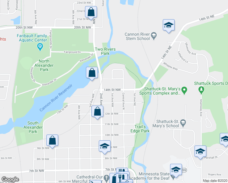 map of restaurants, bars, coffee shops, grocery stores, and more near 1337 1st Avenue Northwest in Faribault