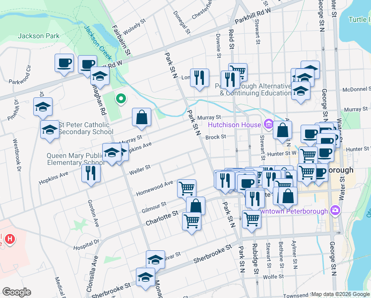 map of restaurants, bars, coffee shops, grocery stores, and more near 501 Weller Street in Peterborough