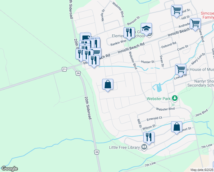 map of restaurants, bars, coffee shops, grocery stores, and more near 1412 Kellough Street in Innisfil