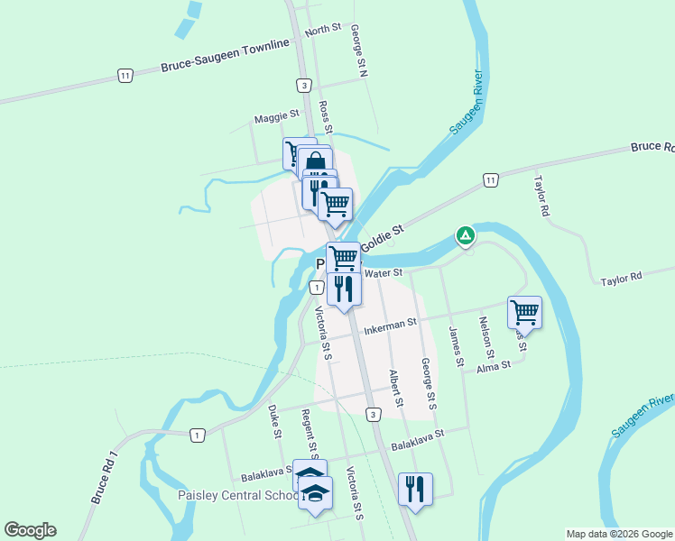map of restaurants, bars, coffee shops, grocery stores, and more near 604 Queen Street South in Paisley