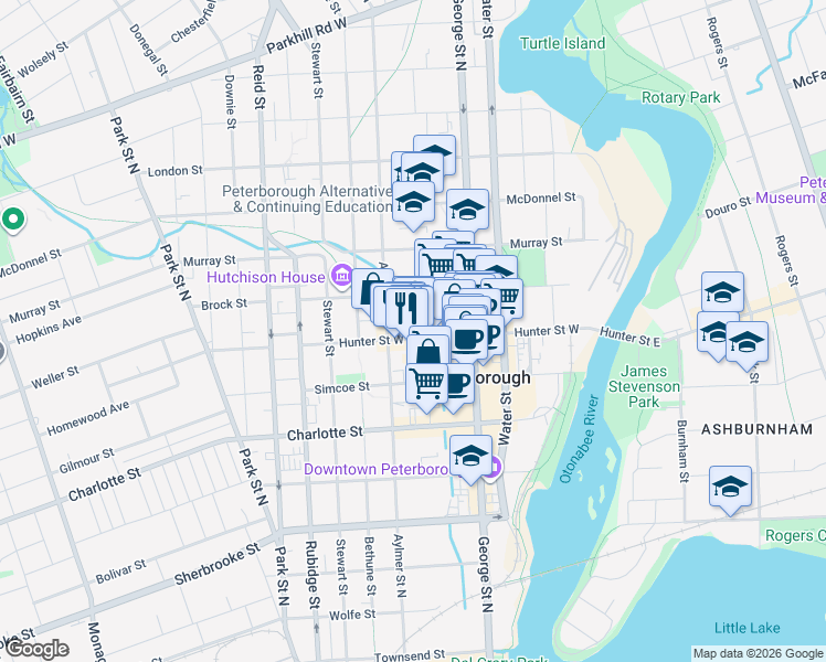 map of restaurants, bars, coffee shops, grocery stores, and more near 212 Hunter Street West in Peterborough