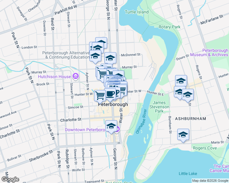 map of restaurants, bars, coffee shops, grocery stores, and more near 148 Hunter Street West in Peterborough