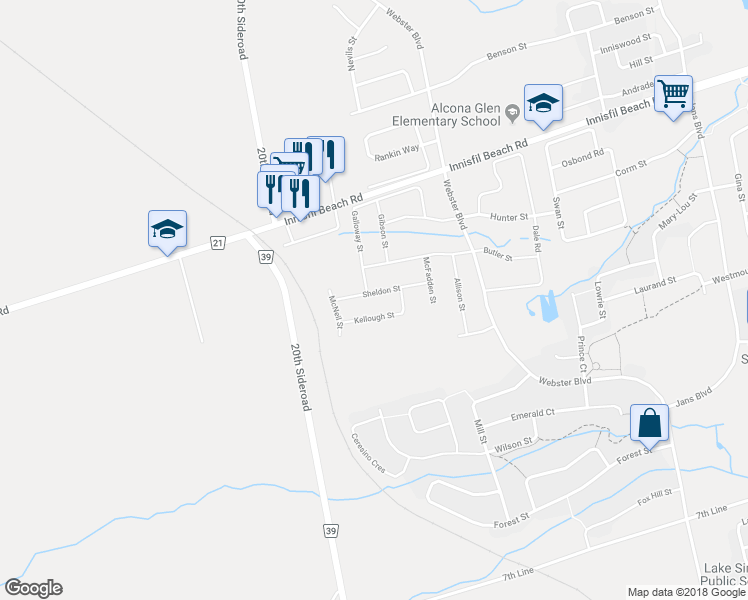 map of restaurants, bars, coffee shops, grocery stores, and more near 1411 Sheldon Street in Innisfil