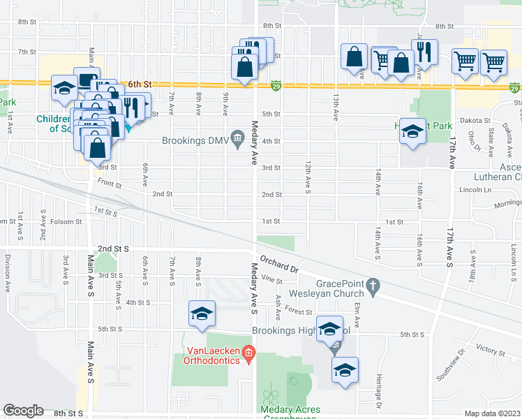 map of restaurants, bars, coffee shops, grocery stores, and more near 112 Medary Avenue South in Brookings