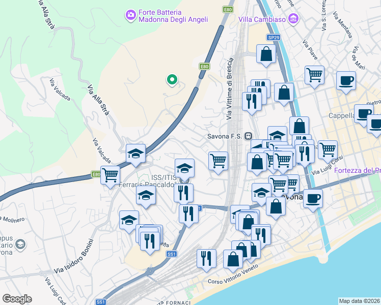 map of restaurants, bars, coffee shops, grocery stores, and more near Via Giovanni Tissoni in Savona