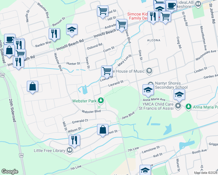 map of restaurants, bars, coffee shops, grocery stores, and more near 1225 Laurand Street in Innisfil