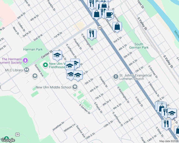 map of restaurants, bars, coffee shops, grocery stores, and more near 419 South Jefferson Street in New Ulm