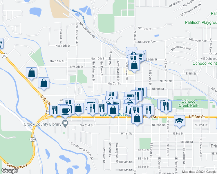 map of restaurants, bars, coffee shops, grocery stores, and more near 653 Northwest Deer Street in Prineville