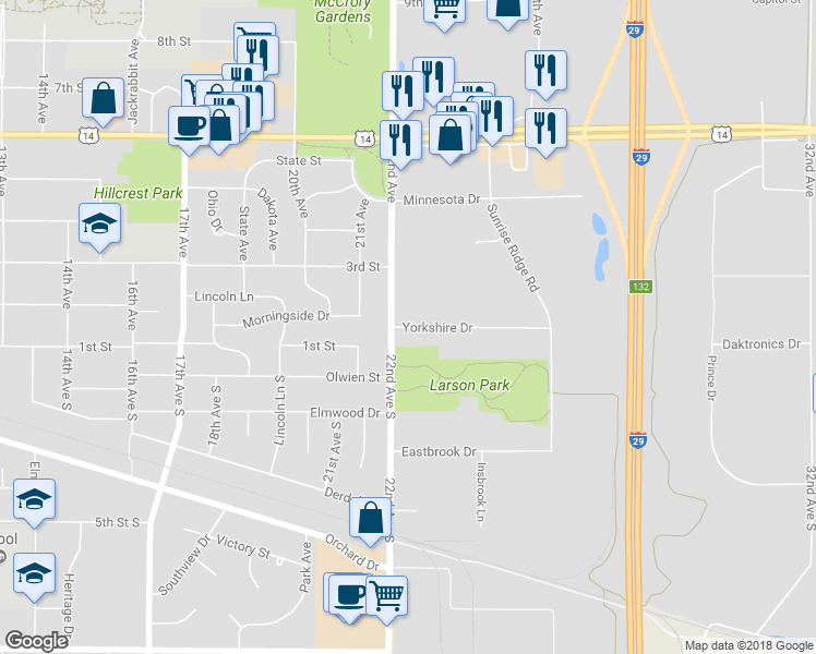 map of restaurants, bars, coffee shops, grocery stores, and more near 2161 Yorkshire Drive in Brookings