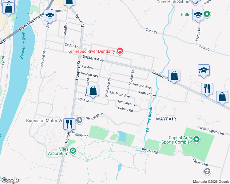map of restaurants, bars, coffee shops, grocery stores, and more near 38 Sherbrook Street in Augusta