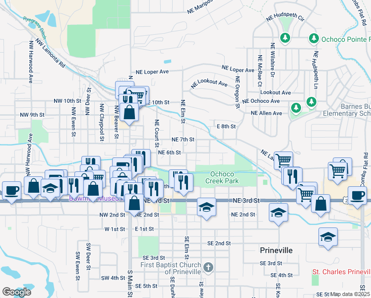 map of restaurants, bars, coffee shops, grocery stores, and more near 450 Northeast 6th Street in Prineville