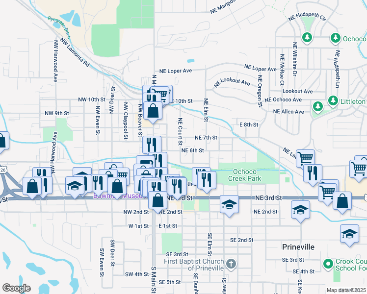 map of restaurants, bars, coffee shops, grocery stores, and more near 552 Northeast Court Street in Prineville