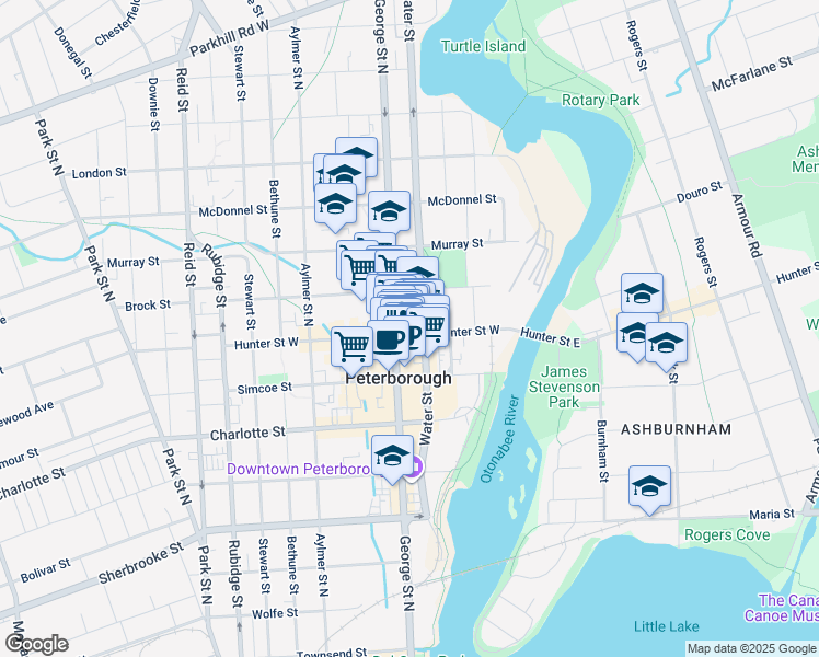 map of restaurants, bars, coffee shops, grocery stores, and more near 378 George Street North in Peterborough