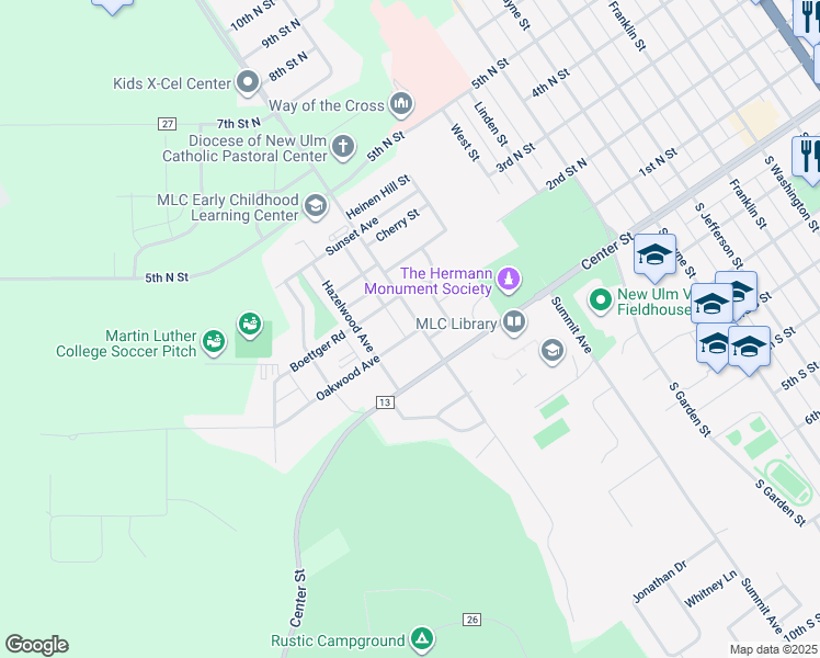 map of restaurants, bars, coffee shops, grocery stores, and more near 1526 Oakwood Avenue in New Ulm