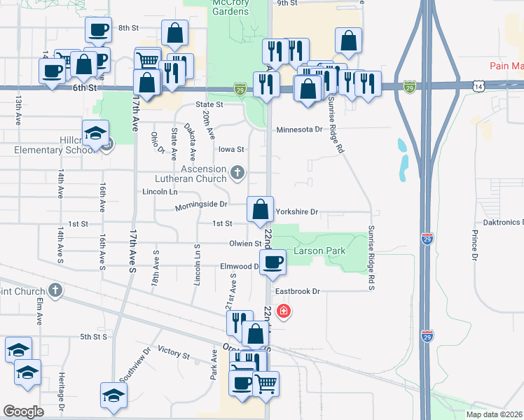 map of restaurants, bars, coffee shops, grocery stores, and more near 103b 22nd Avenue South in Brookings