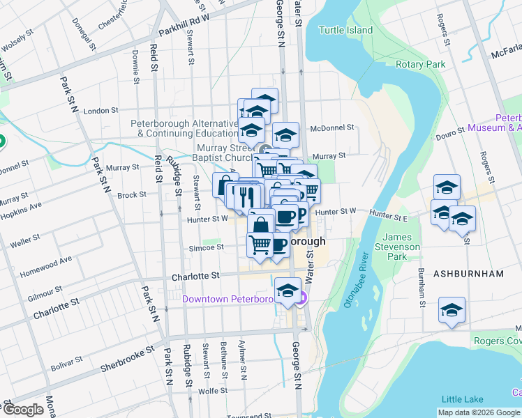 map of restaurants, bars, coffee shops, grocery stores, and more near 192 C Hunter Street West in Peterborough