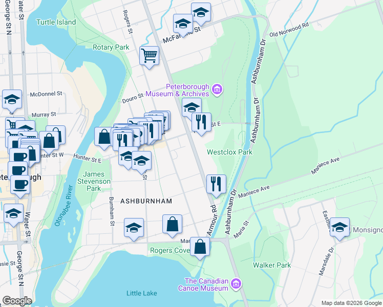 map of restaurants, bars, coffee shops, grocery stores, and more near 365 Armour Road in Peterborough