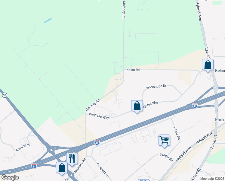 map of restaurants, bars, coffee shops, grocery stores, and more near N1824 Maloney Road in Kaukauna