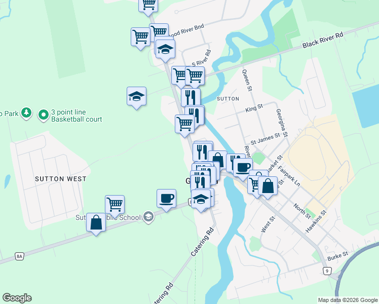 map of restaurants, bars, coffee shops, grocery stores, and more near 20850 Dalton Road in Georgina