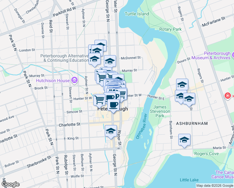 map of restaurants, bars, coffee shops, grocery stores, and more near 134 Hunter Street West in Peterborough
