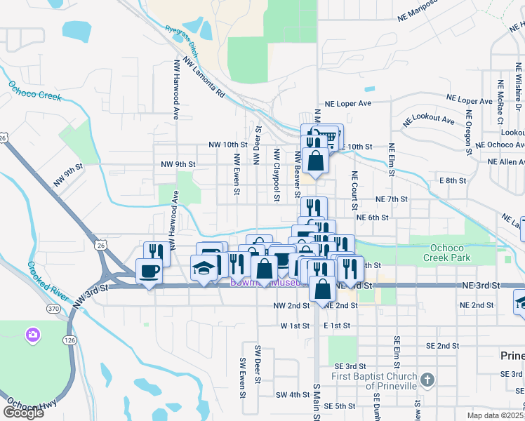 map of restaurants, bars, coffee shops, grocery stores, and more near 653 Northwest Deer Street in Prineville