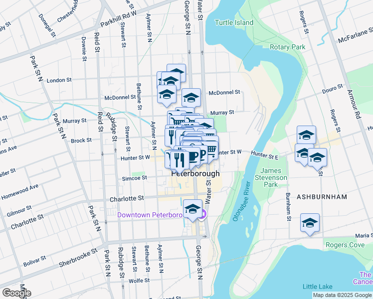map of restaurants, bars, coffee shops, grocery stores, and more near 175 Hunter Street West in Peterborough