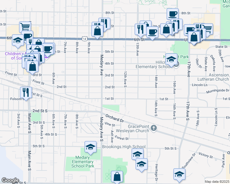 map of restaurants, bars, coffee shops, grocery stores, and more near 116 11th Avenue in Brookings