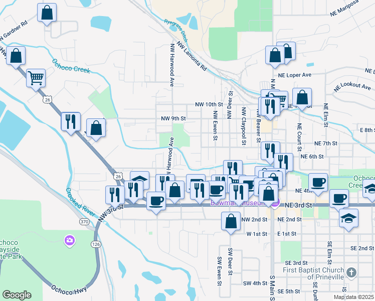 map of restaurants, bars, coffee shops, grocery stores, and more near 800 Northwest Harwood Avenue in Prineville