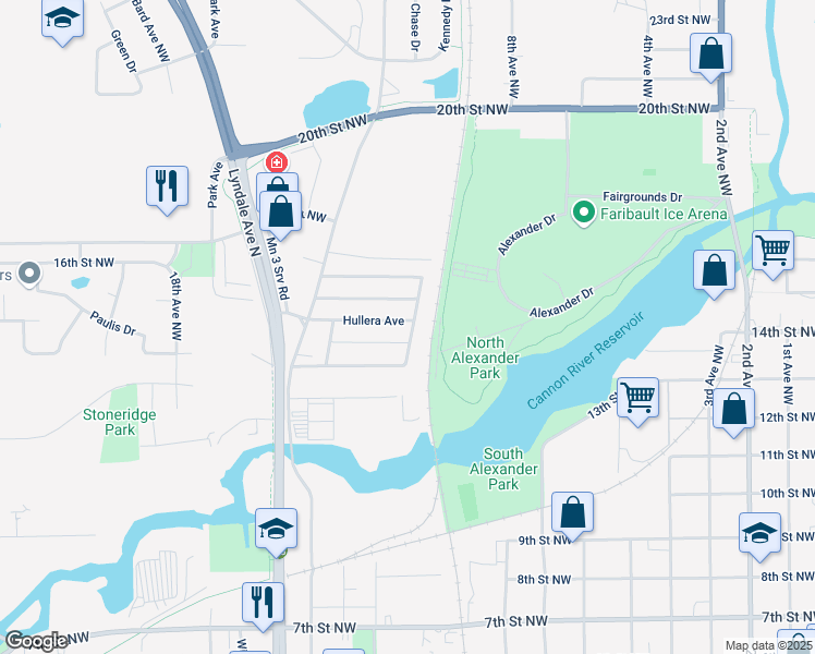 map of restaurants, bars, coffee shops, grocery stores, and more near 1407 Hullera Avenue in Faribault